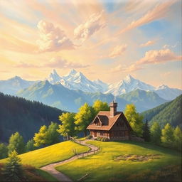 A picturesque painting of a charming house perched on a lush, verdant hill, surrounded by trees with the backdrop of majestic mountains and a sky dotted with fluffy clouds