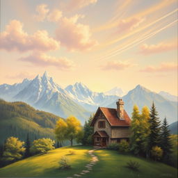 A picturesque painting of a charming house perched on a lush, verdant hill, surrounded by trees with the backdrop of majestic mountains and a sky dotted with fluffy clouds