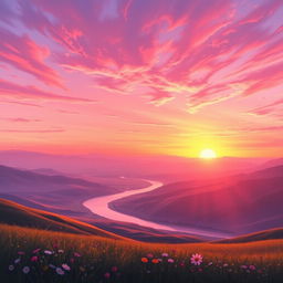 A breathtaking painting capturing a pink sunset over a tranquil valley