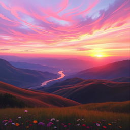 A breathtaking painting capturing a pink sunset over a tranquil valley