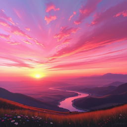 A breathtaking painting capturing a pink sunset over a tranquil valley