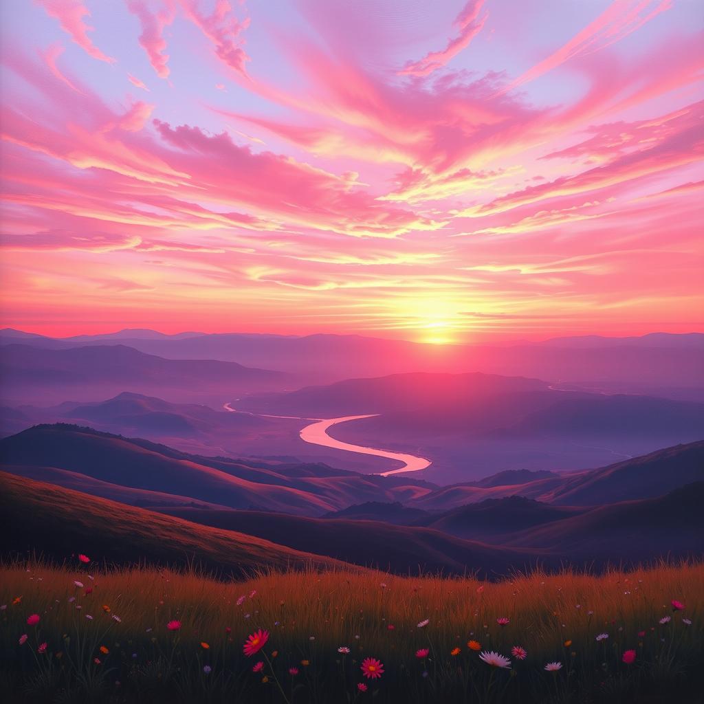 A breathtaking painting capturing a pink sunset over a tranquil valley