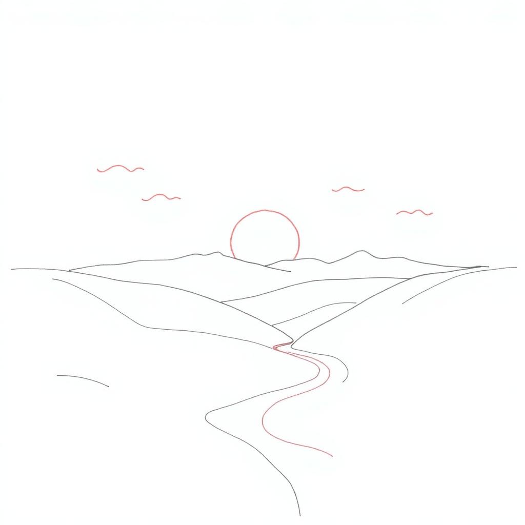 A simple and elegant drawing capturing the essence of a pink sunset over a peaceful valley