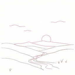 A simple and elegant drawing capturing the essence of a pink sunset over a peaceful valley