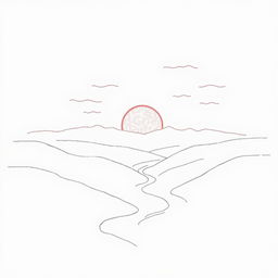 A simple and elegant drawing capturing the essence of a pink sunset over a peaceful valley