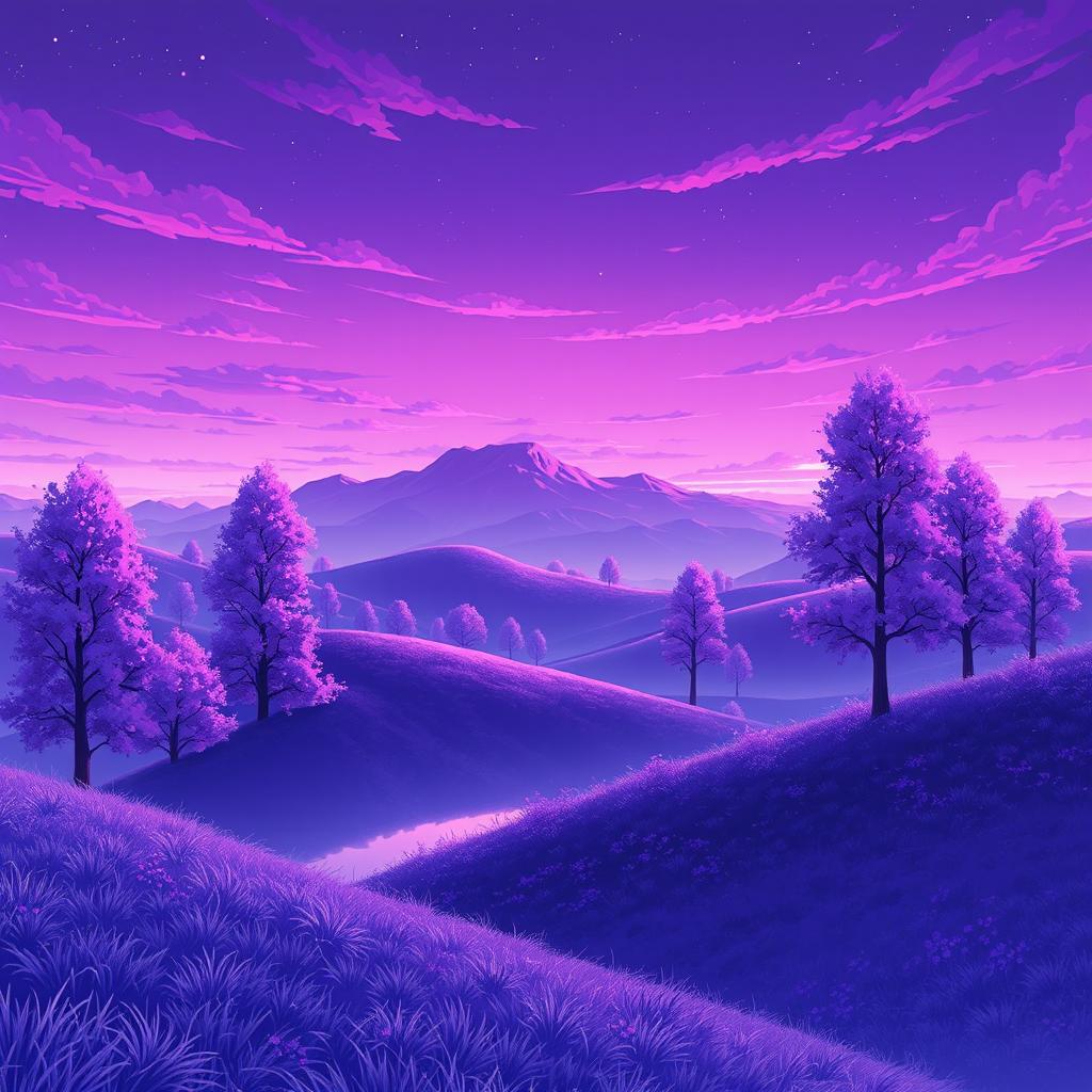 A mesmerizing anime landscape bathed in a purple tint, creating a dreamlike atmosphere