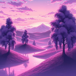 A mesmerizing anime landscape bathed in a purple tint, creating a dreamlike atmosphere