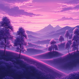 A mesmerizing anime landscape bathed in a purple tint, creating a dreamlike atmosphere