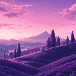 A mesmerizing anime landscape bathed in a purple tint, creating a dreamlike atmosphere