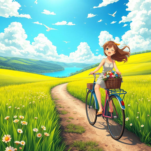 A vibrant anime landscape depicting a serene countryside with a girl riding a bicycle along a sunlit path