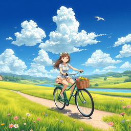 A vibrant anime landscape depicting a serene countryside with a girl riding a bicycle along a sunlit path