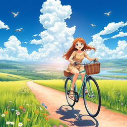 A vibrant anime landscape depicting a serene countryside with a girl riding a bicycle along a sunlit path