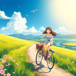 A vibrant anime landscape depicting a serene countryside with a girl riding a bicycle along a sunlit path