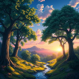 A captivating anime landscape depicting an enchanted forest at dawn