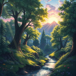 A captivating anime landscape depicting an enchanted forest at dawn