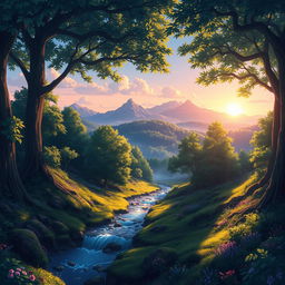 A captivating anime landscape depicting an enchanted forest at dawn