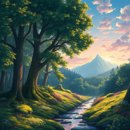 A captivating anime landscape depicting an enchanted forest at dawn