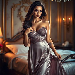 A seductive image of a beautiful woman wearing a luxurious night gown