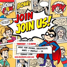 A vibrant and dynamic poster for a comics meeting, featuring caricature illustrations of classic comic book characters in various action poses