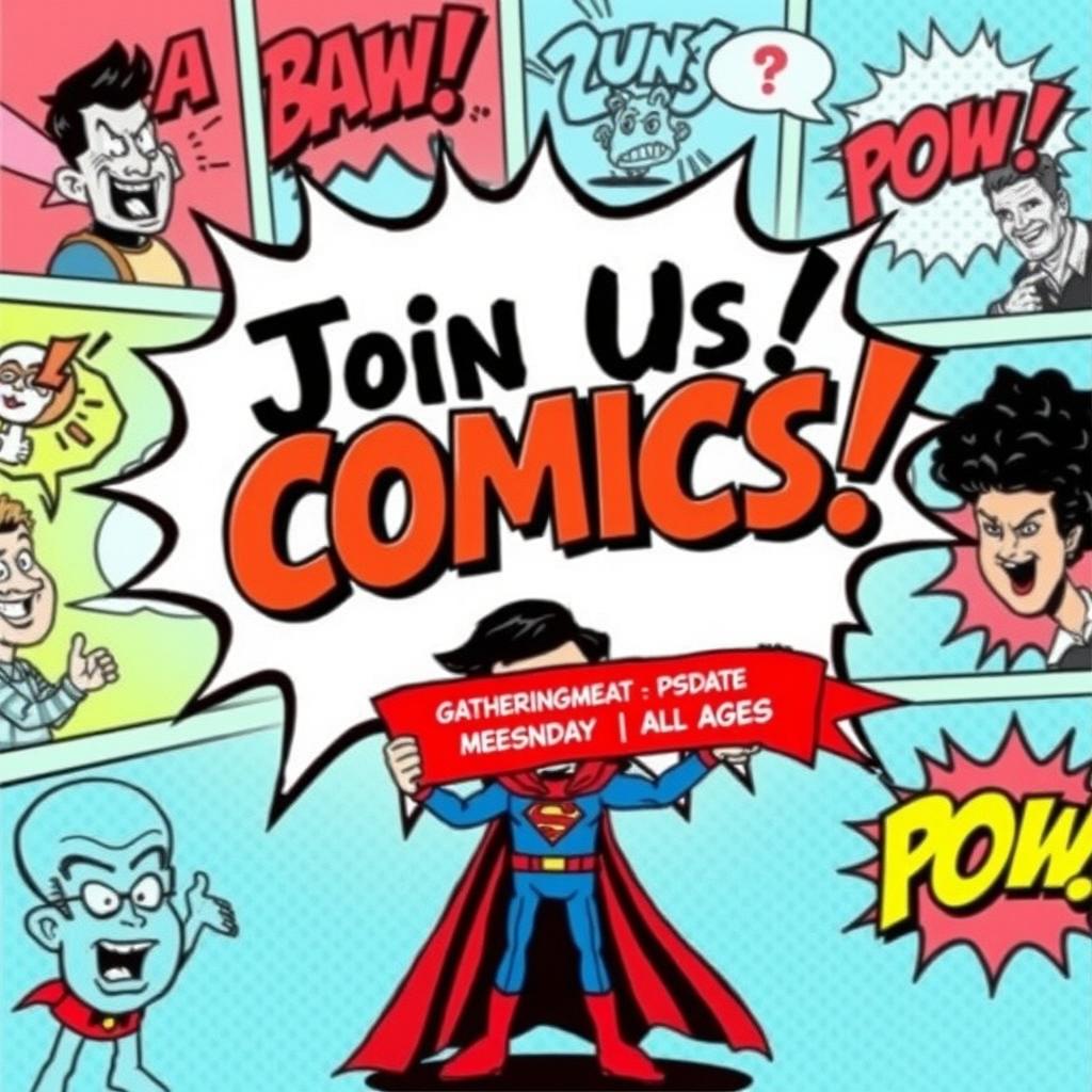 A vibrant and dynamic poster for a comics meeting, featuring caricature illustrations of classic comic book characters in various action poses