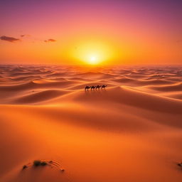 Aerial view of a vast desert landscape with golden sand dunes stretching into the horizon, bathed in the warm glow of the setting sun