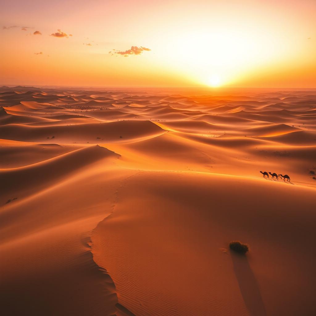 Aerial view of a vast desert landscape with golden sand dunes stretching into the horizon, bathed in the warm glow of the setting sun