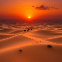 Aerial view of a vast desert landscape with golden sand dunes stretching into the horizon, bathed in the warm glow of the setting sun