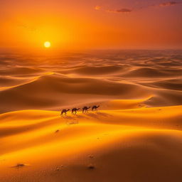 Aerial view of a vast desert landscape with golden sand dunes stretching into the horizon, bathed in the warm glow of the setting sun