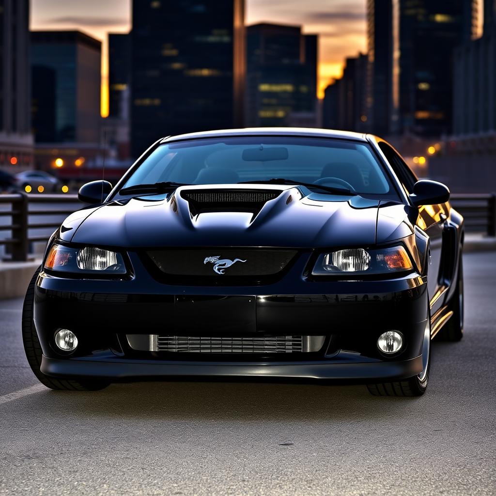 A 1999 Ford Mustang Cobra in deep gloss black, showcasing the sleek and aggressive design of this classic American muscle car