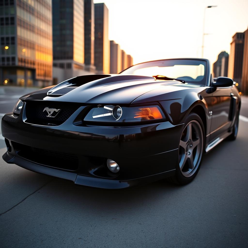 A 1999 Ford Mustang Cobra in deep gloss black, showcasing the sleek and aggressive design of this classic American muscle car