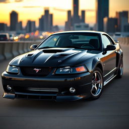 A 1999 Ford Mustang Cobra in deep gloss black, showcasing the sleek and aggressive design of this classic American muscle car