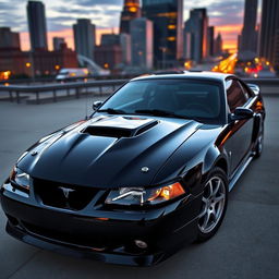 A 1999 Ford Mustang Cobra in deep gloss black, showcasing the sleek and aggressive design of this classic American muscle car