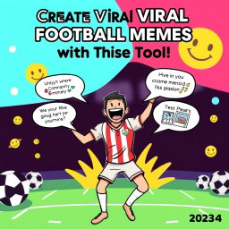 A colorful and engaging tutorial cover image for 2024, featuring the title "Create Viral Football Memes with This Free Tool!" prominently displayed