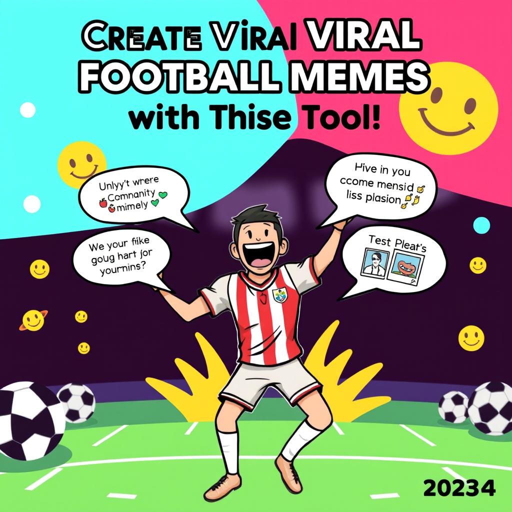 A colorful and engaging tutorial cover image for 2024, featuring the title "Create Viral Football Memes with This Free Tool!" prominently displayed