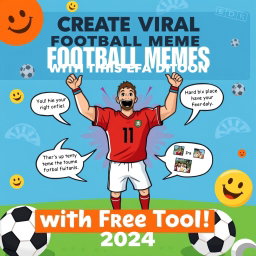 A colorful and engaging tutorial cover image for 2024, featuring the title "Create Viral Football Memes with This Free Tool!" prominently displayed