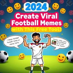 A colorful and engaging tutorial cover image for 2024, featuring the title "Create Viral Football Memes with This Free Tool!" prominently displayed