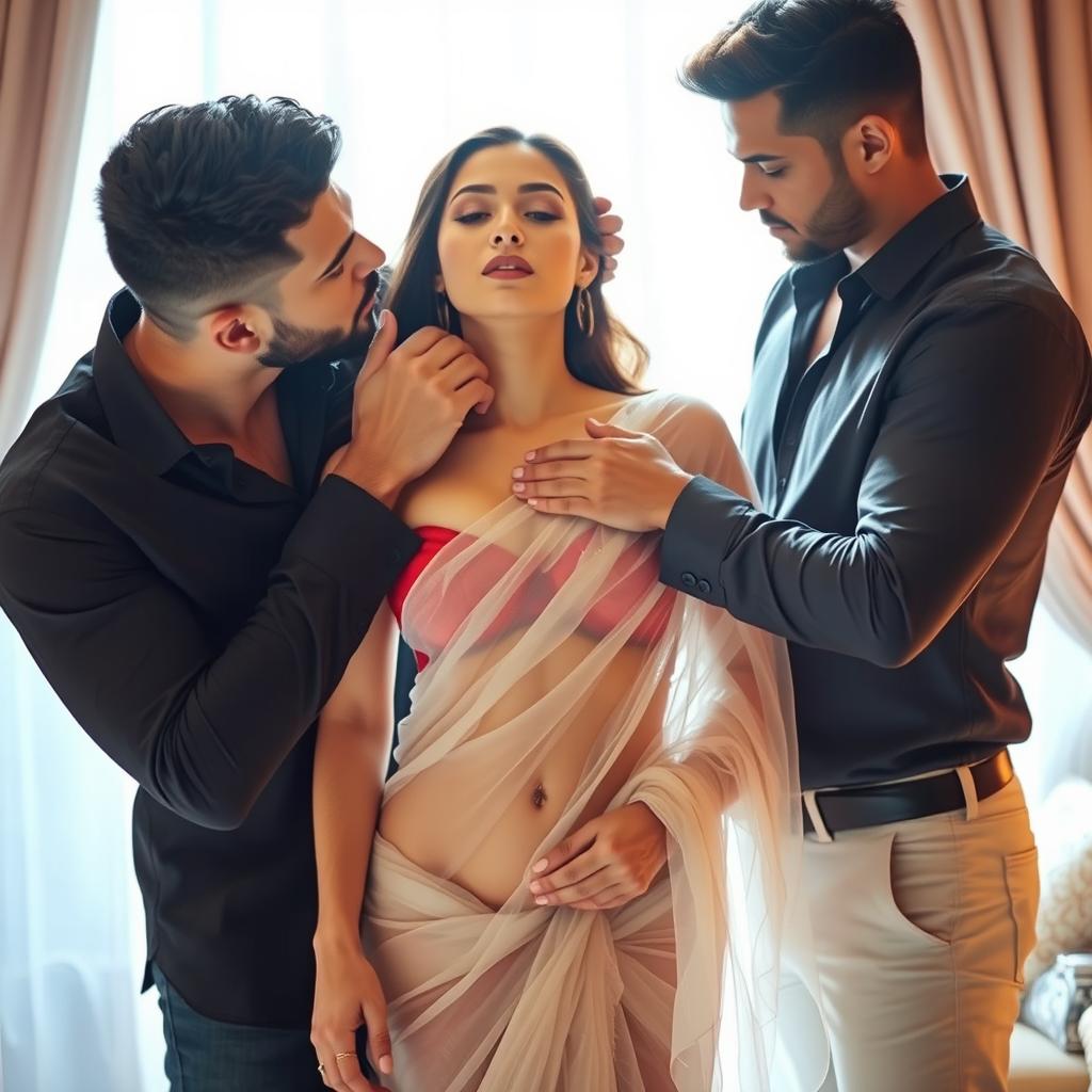 A seductive scene featuring a beautiful woman wearing a transparent saree, her captivating allure heightened