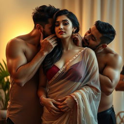 A seductive scene featuring a beautiful woman wearing a transparent saree, her captivating allure heightened