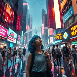 Create an atmospheric scene in a bustling futuristic city, illuminated by neon lights