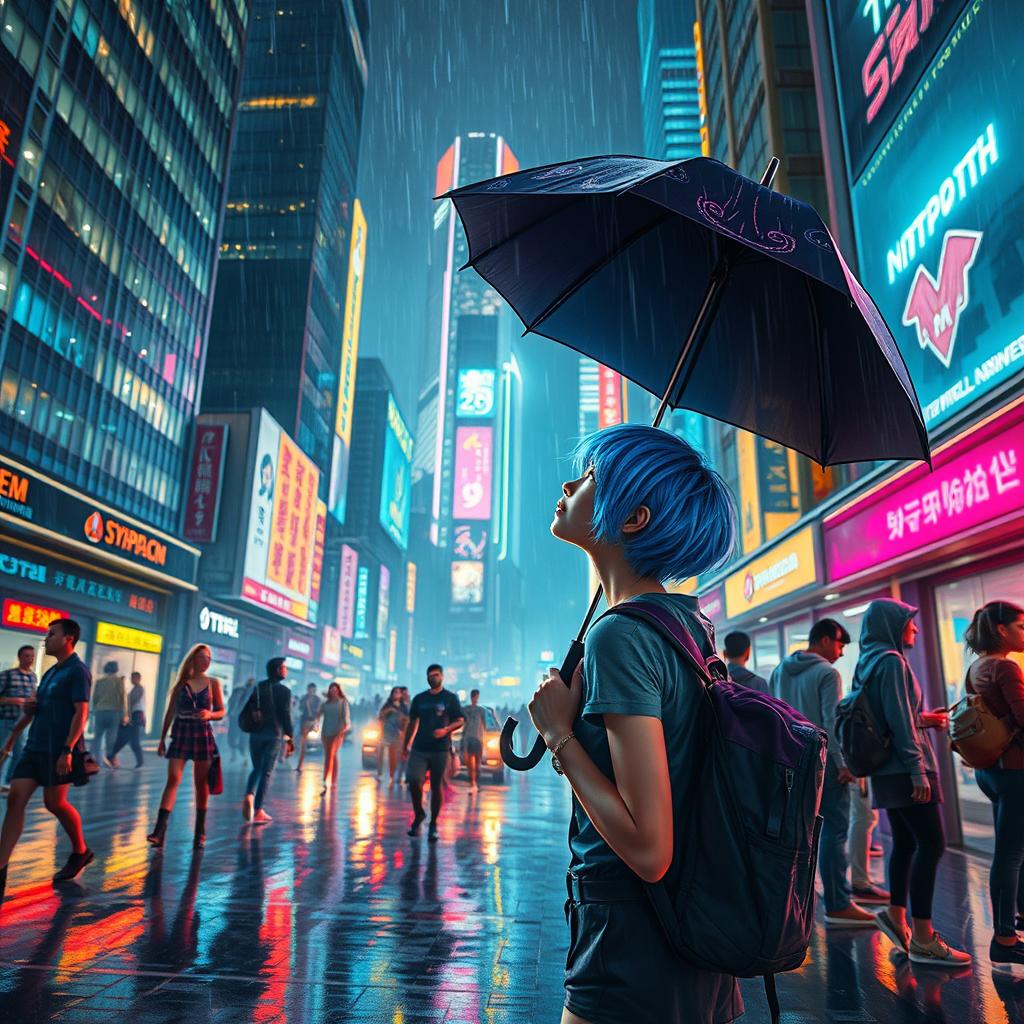 Create an atmospheric scene in a bustling futuristic city, illuminated by neon lights