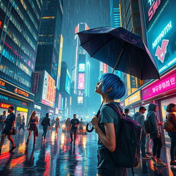 Create an atmospheric scene in a bustling futuristic city, illuminated by neon lights