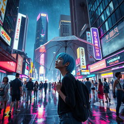 Create an atmospheric scene in a bustling futuristic city, illuminated by neon lights