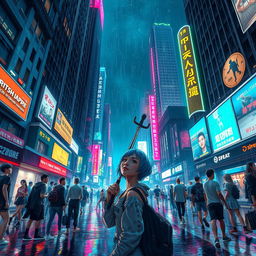 Create an atmospheric scene in a bustling futuristic city, illuminated by neon lights