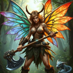 A fierce and powerful fairy barbarian, wielding a large battle axe