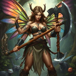 A fierce and powerful fairy barbarian, wielding a large battle axe