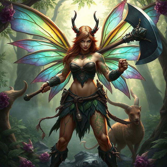 A fierce and powerful fairy barbarian, wielding a large battle axe