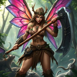 A fierce and powerful fairy barbarian, wielding a large battle axe