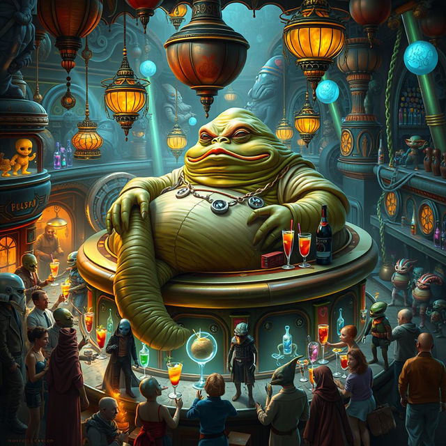 A full body depiction of Jabba the Hutt, the iconic character from Star Wars, in a lively bar setting