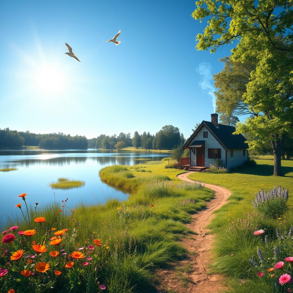 A serene landscape featuring a tranquil lake surrounded by lush trees and vibrant wildflowers under a clear blue sky