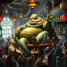 A full body depiction of Jabba the Hutt, the iconic character from Star Wars, in a lively bar setting